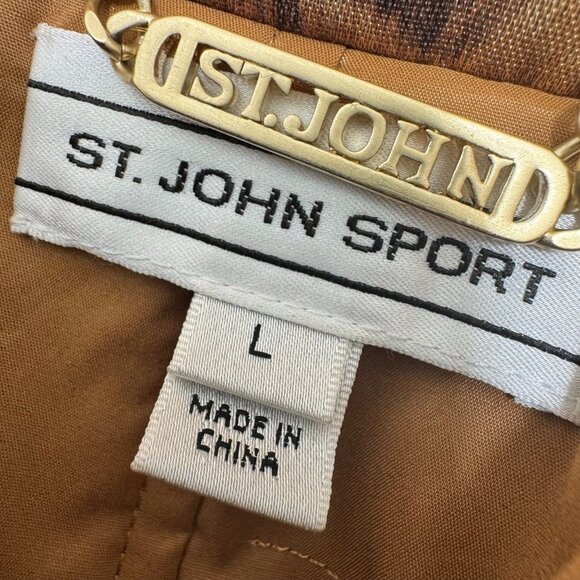 ST. JOHN Belted Trench Coat Jacket Womens Large L Satin Animal Print Full Zip - Picture 4 of 11